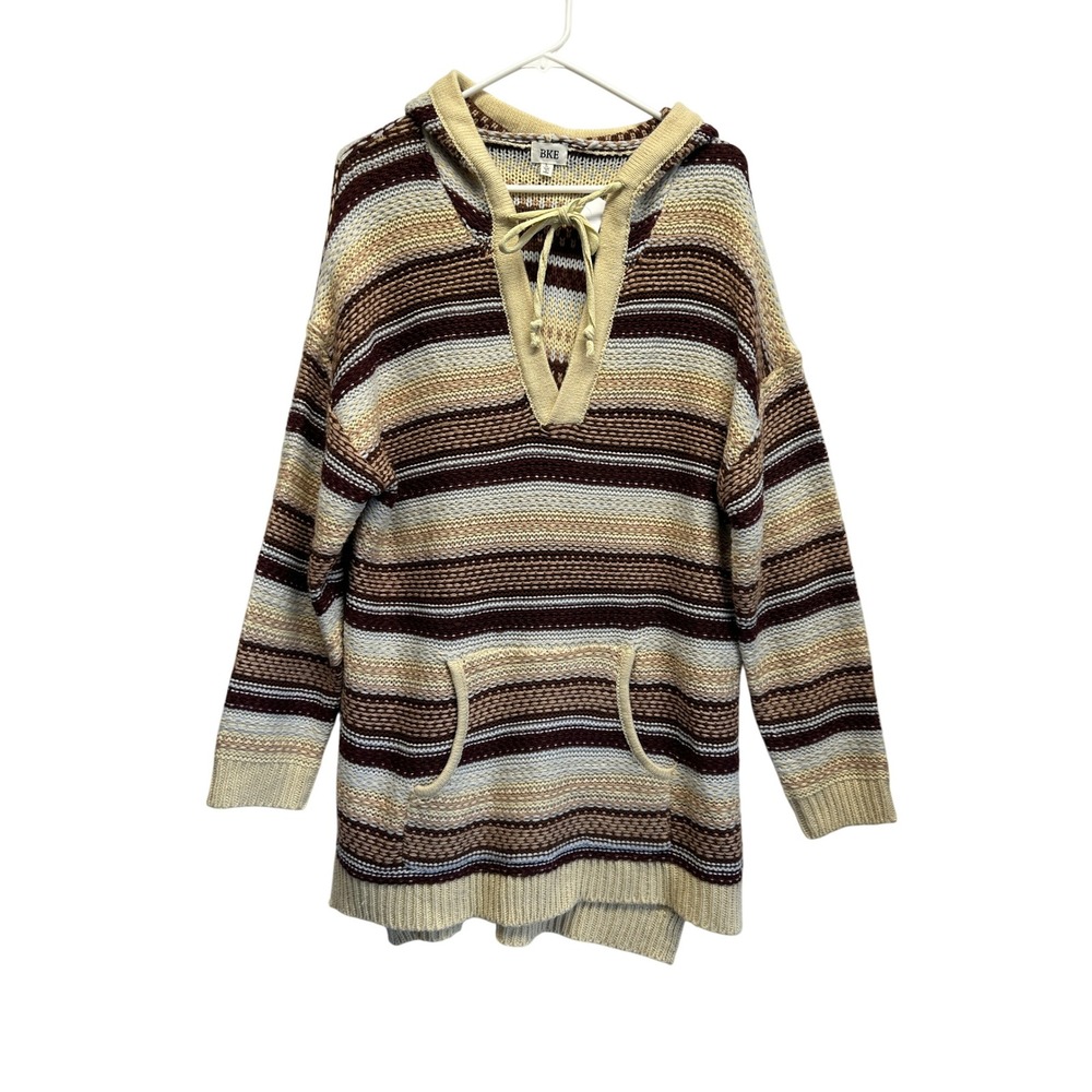 BKE Striped Knit Hoodie‎ Sweater Tunic Pullover Pocket Lace Up Tan Brown
